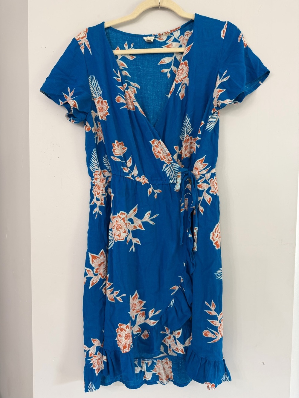 Roxy Women’s Medium Ruffle hem mini wrap dress blue orange floral beach summer